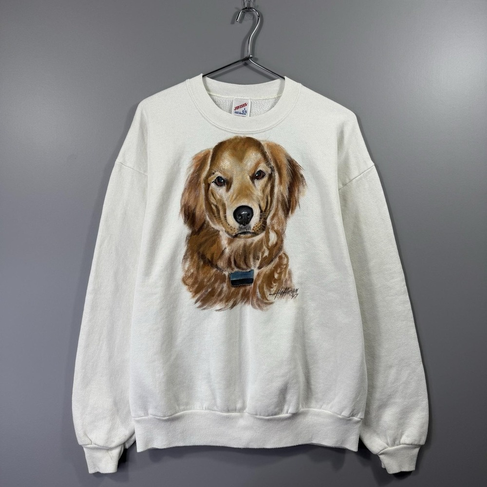 Vintage Jerzees Sweatshirt Mens Large White Golden Retriever Dog 1997 90s